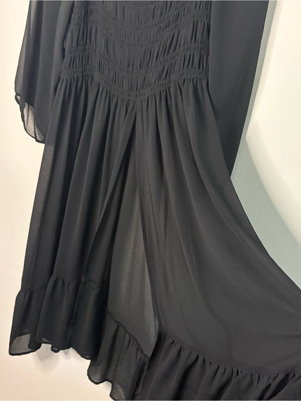 Torrid Sz 2 Black Sheath Mesh Dress Balloon Sleeve Whimsigoth Open Front smocked